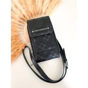 French Connection Black Quilted Crossbody Bag Faux Leather Wallet Phone Holder